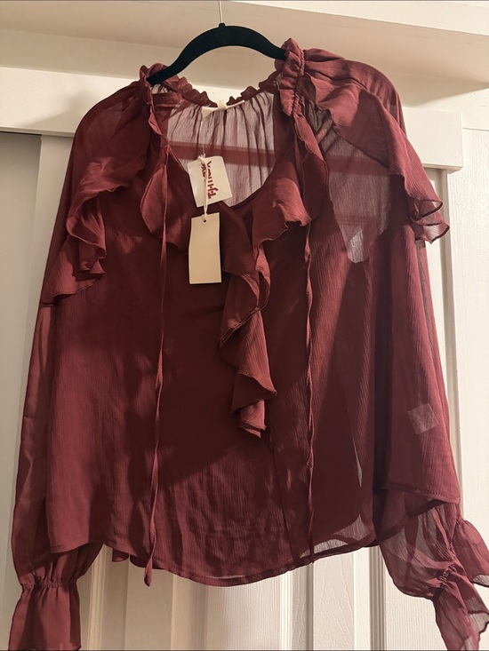 MELLODAY Tops - MELLODAY Burgundy Sheer Ruffle Tie-Neck Blouse NWT Size L